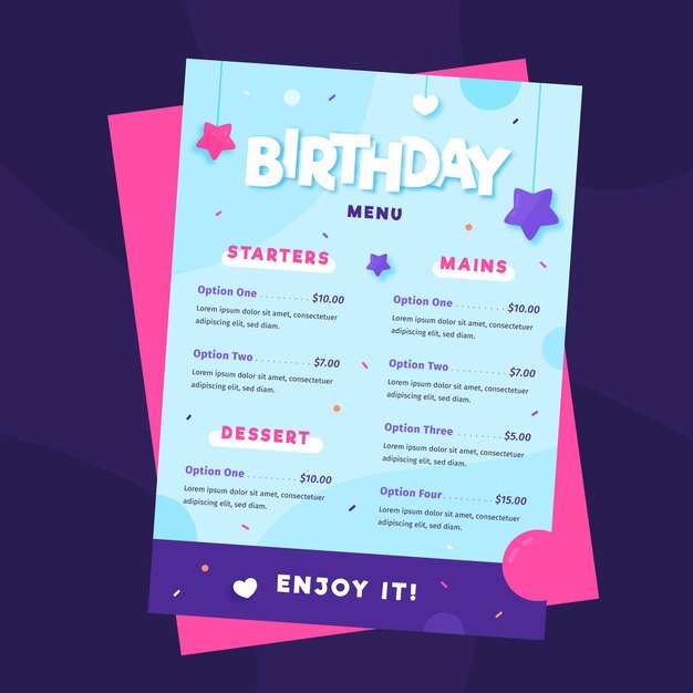 Plantilla de menú de restaurante de feliz cumpleaños