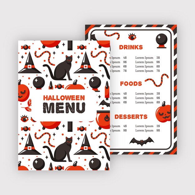 Plantilla de menú de restaurante de halloween gato negro
