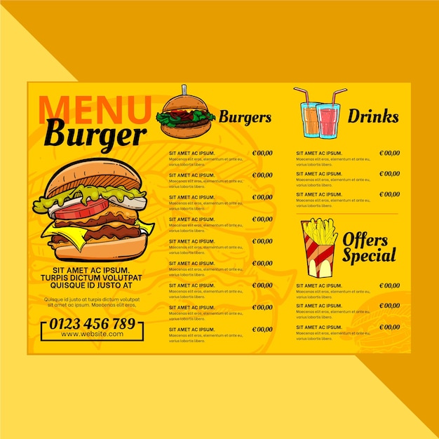 Vector gratuito plantilla de menú de restaurante de hamburguesas