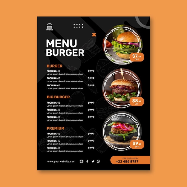 Vector gratuito plantilla de menú de restaurante de hamburguesas