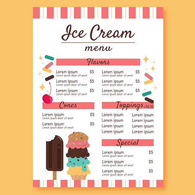 Plantilla de menú de restaurante de helados