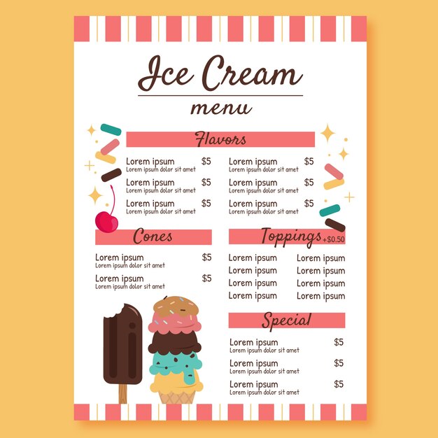 Plantilla de menú de restaurante de helados