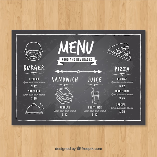 Plantilla de menú de restaurante horizontal en estilo de pizarra