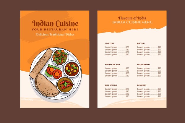 Plantilla de menú de restaurante indio tradicional en acuarela