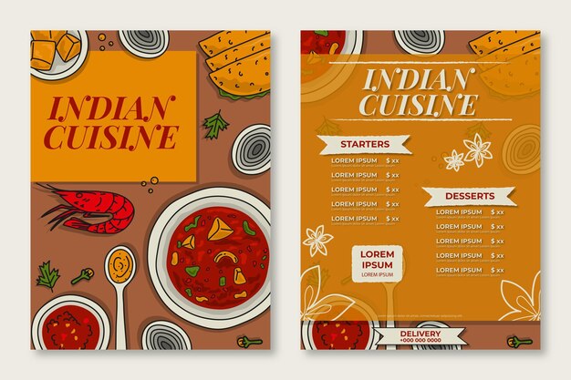 Plantilla de menú de restaurante indio tradicional dibujado a mano