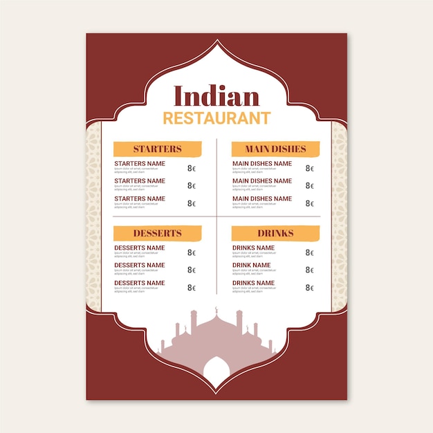 Vector gratuito plantilla de menú de restaurante indio tradicional de diseño plano