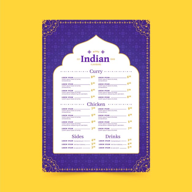 Plantilla de menú de restaurante indio tradicional de diseño plano