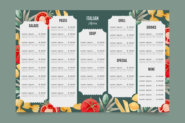 Vector gratuito plantilla de menú de restaurante italiano digital