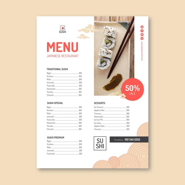 Plantilla de menú de restaurante japonés
