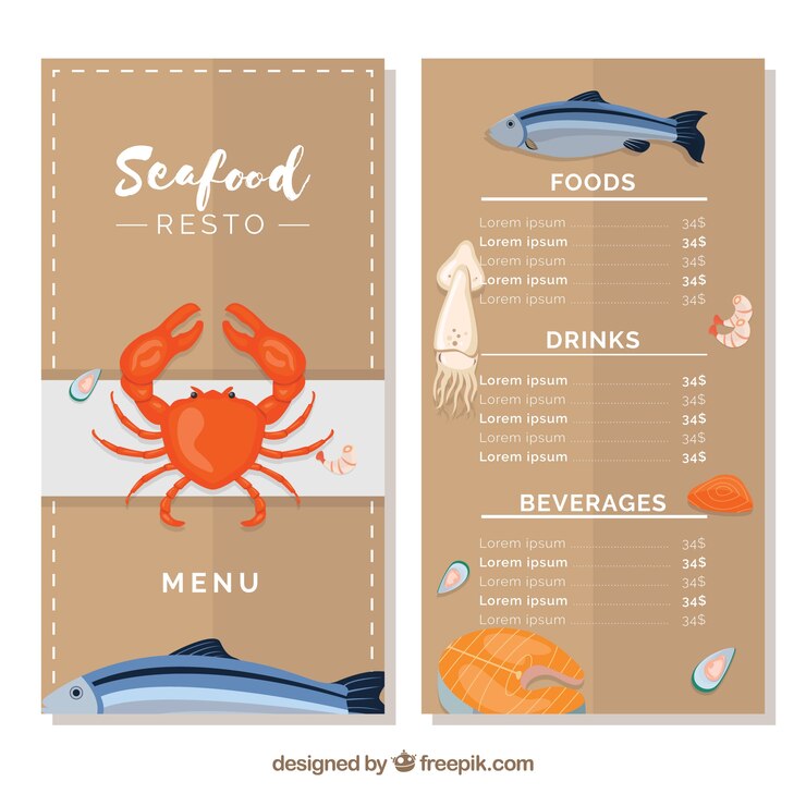 Vector gratuito plantilla de menú de restaurante de mariscos