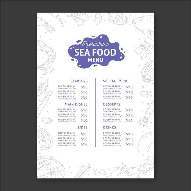 Plantilla de menú de restaurante de mariscos