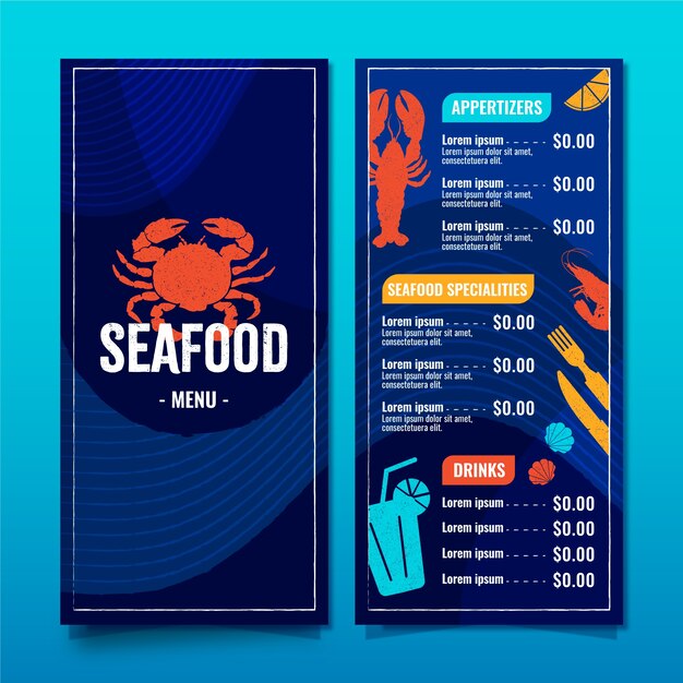 Plantilla de menú de restaurante con mariscos