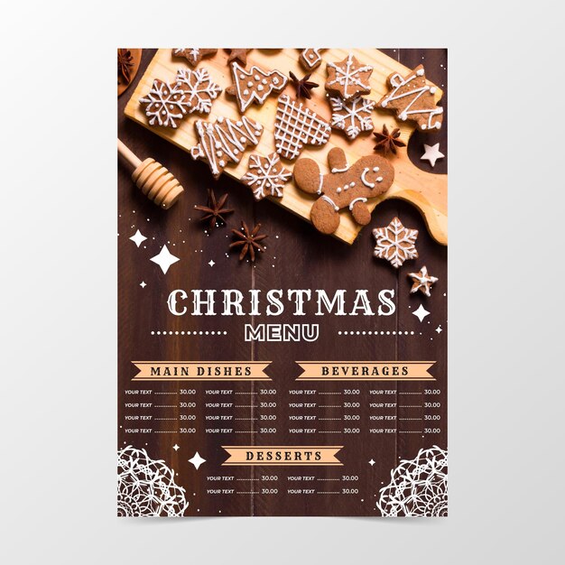Plantilla de menú de restaurante navideño festivo con foto