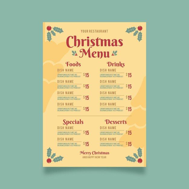 Plantilla de menú de restaurante navideño vintage