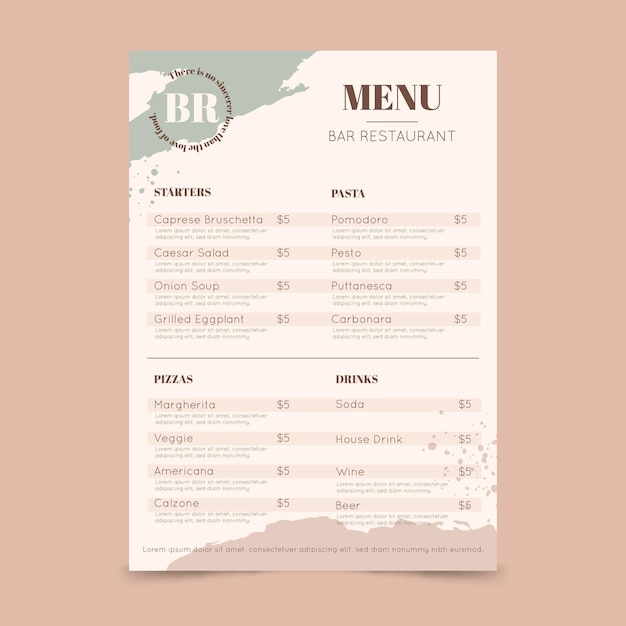 Plantilla de menú de restaurante pintada a mano