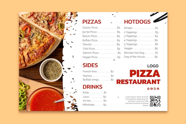 Vector gratuito plantilla de menú de restaurante de pizza deliciosa