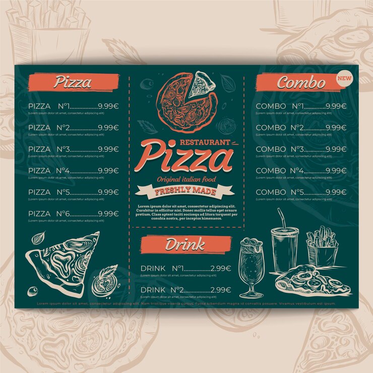 Vector gratuito plantilla de menú de restaurante de pizza