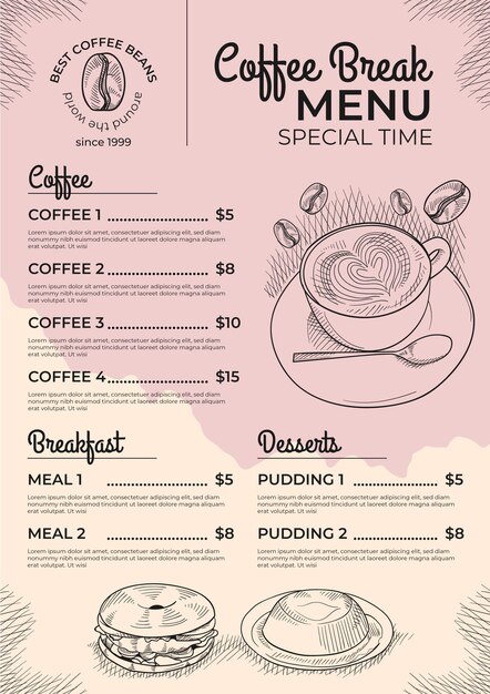 Plantilla de menú de restaurante rústico dibujado a mano grabado