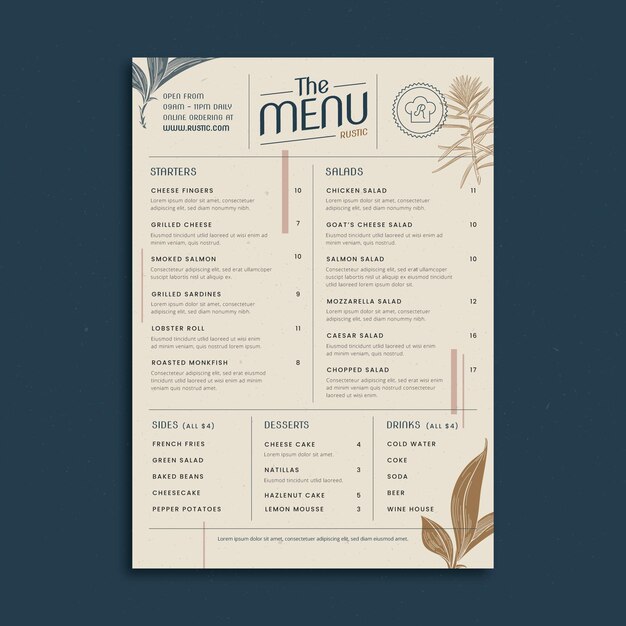 Plantilla de menú de restaurante rústico dibujado a mano grabado