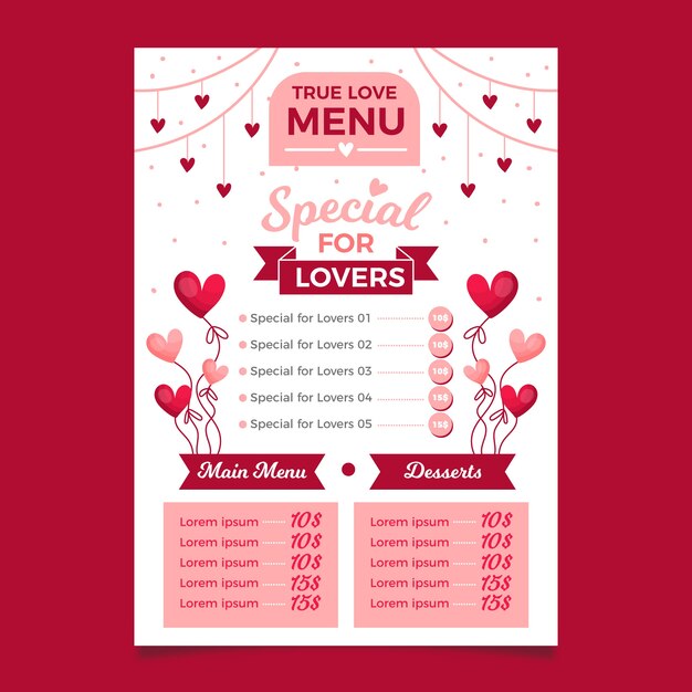 Plantilla de menú de restaurante de San Valentín