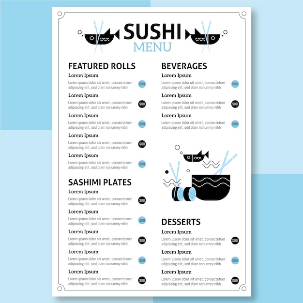 Vector gratuito plantilla de menú de restaurante de sushi digital