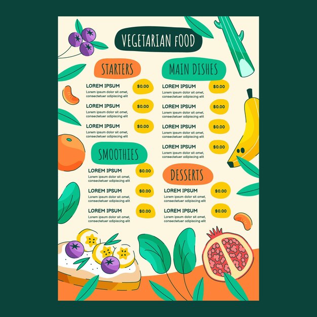 Plantilla de menú de restaurante vegetariano dibujado a mano