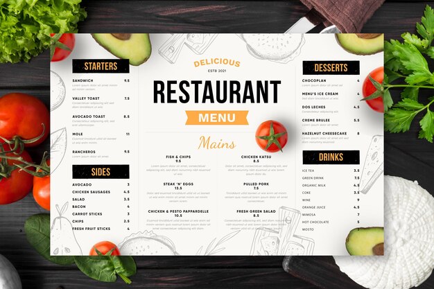 Plantilla de menú de restaurante vertical rústico dibujado a mano grabado