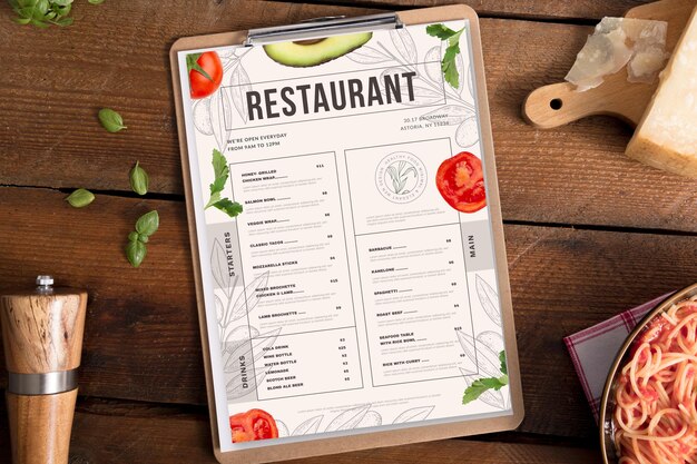 Plantilla de menú de restaurante vertical rústico dibujado a mano grabado