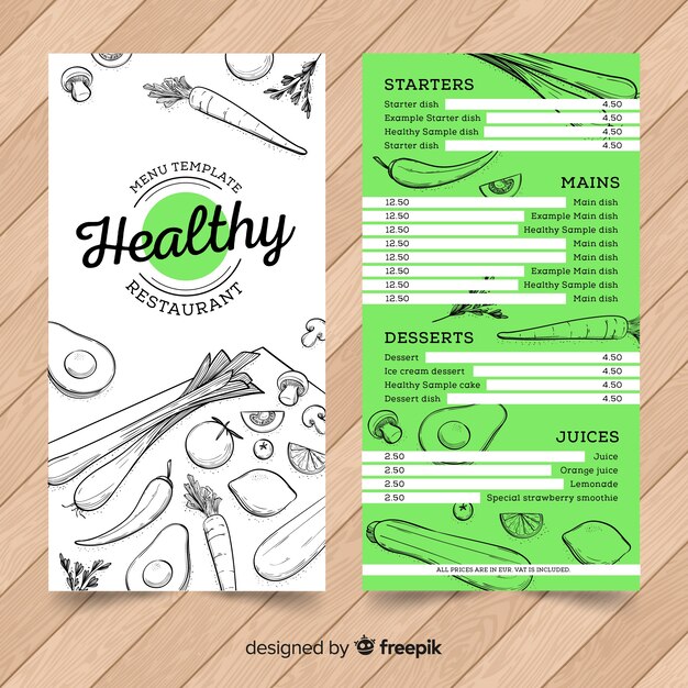 Plantilla de menu saludable dibujado a mano