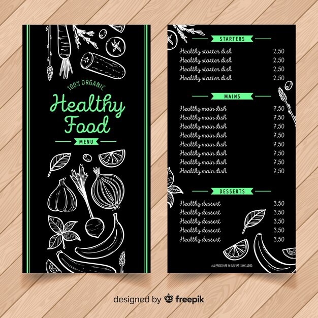Plantilla de menu saludable dibujado a mano