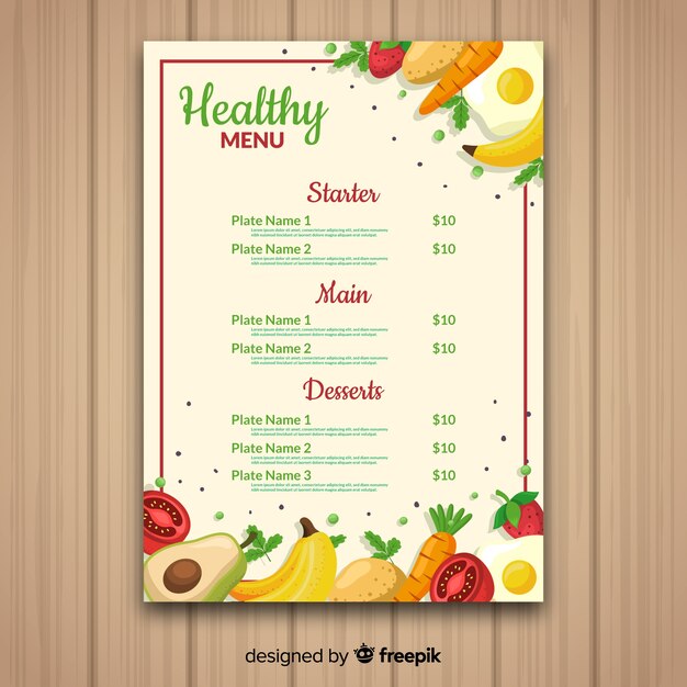 Plantilla de menu saludable dibujado a mano