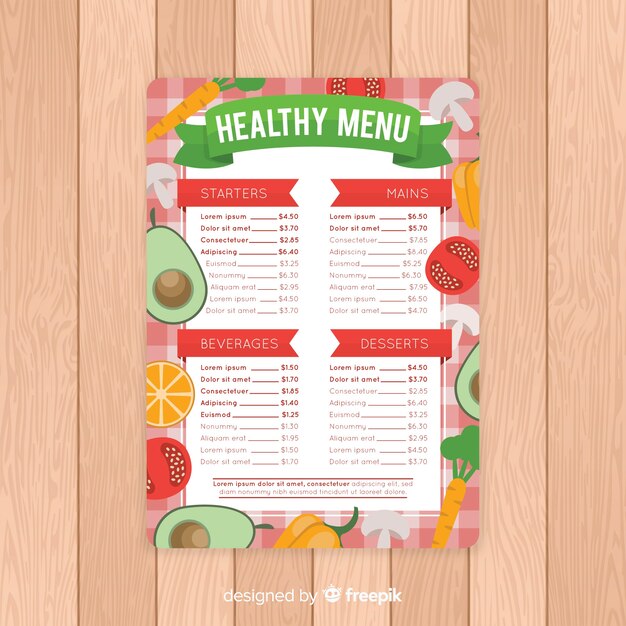 Plantilla de menu saludable en diseño plano
