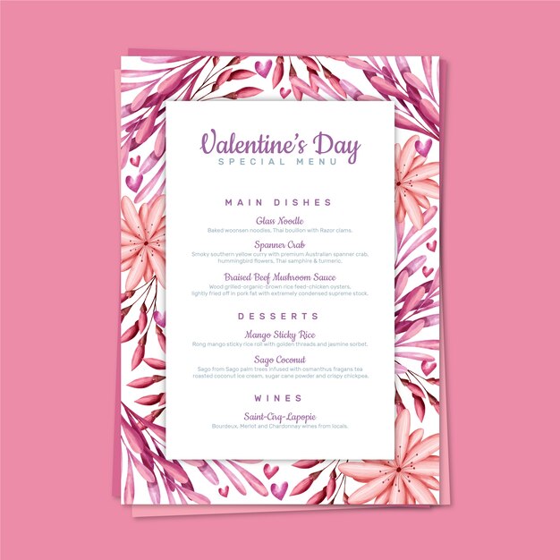 Plantilla de menú de San Valentín acuarela