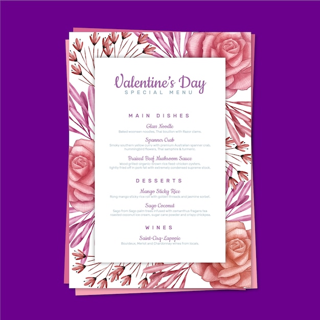 Plantilla de menú de San Valentín acuarela