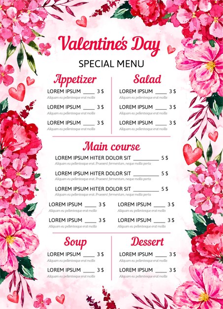 Plantilla de menú de san valentín en acuarela