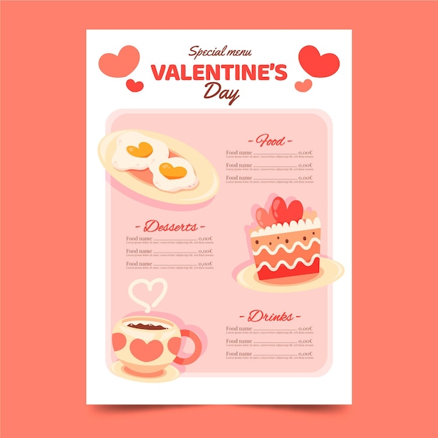 Vector gratuito plantilla de menú de san valentín con comida