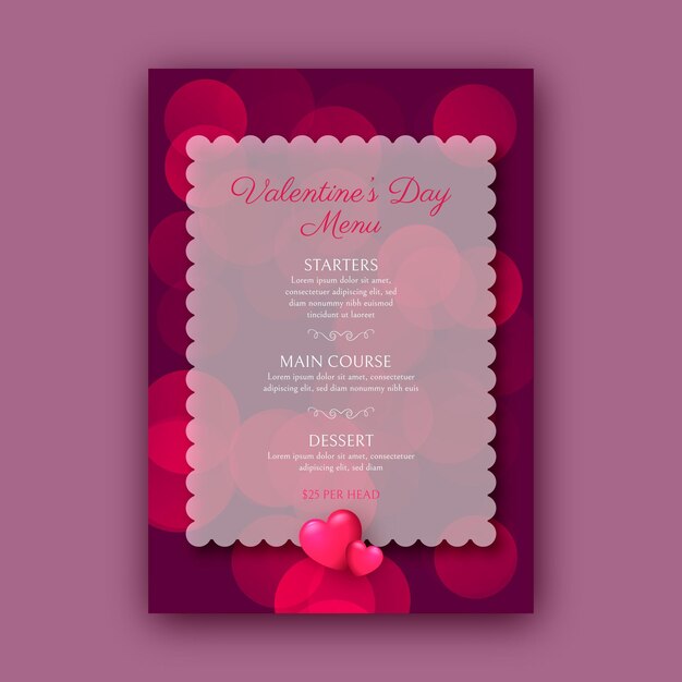 Plantilla de menú de san valentín con corazones