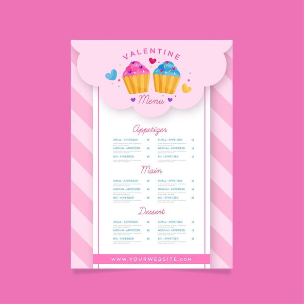 Plantilla de menú de san valentín cupcakes planos