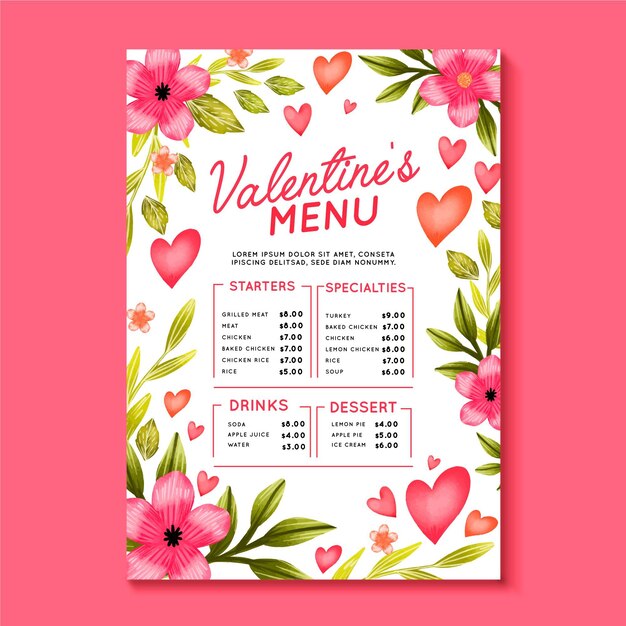 Plantilla de menú de san valentín dibujada a mano