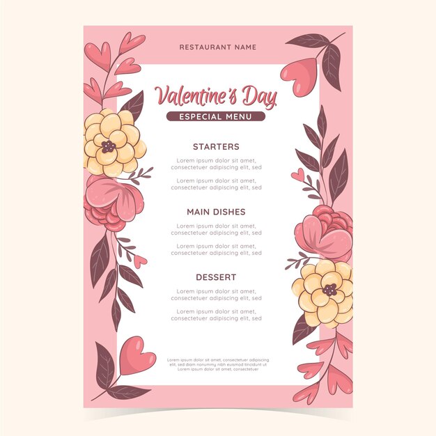 Plantilla de menú de san valentín dibujada a mano