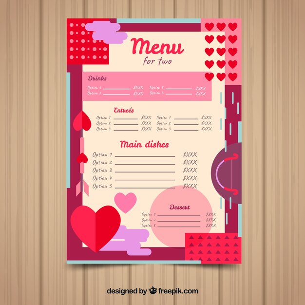 Plantilla de menú de san valentín dibujado a mano