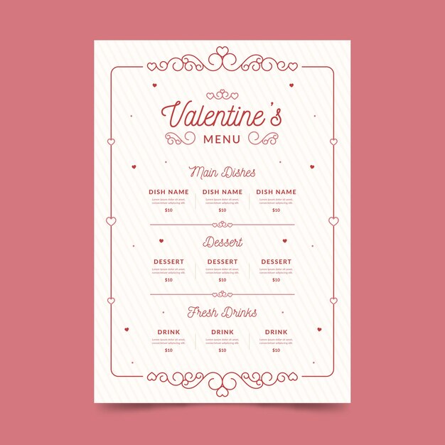 Plantilla de menú de San Valentín en diseño plano