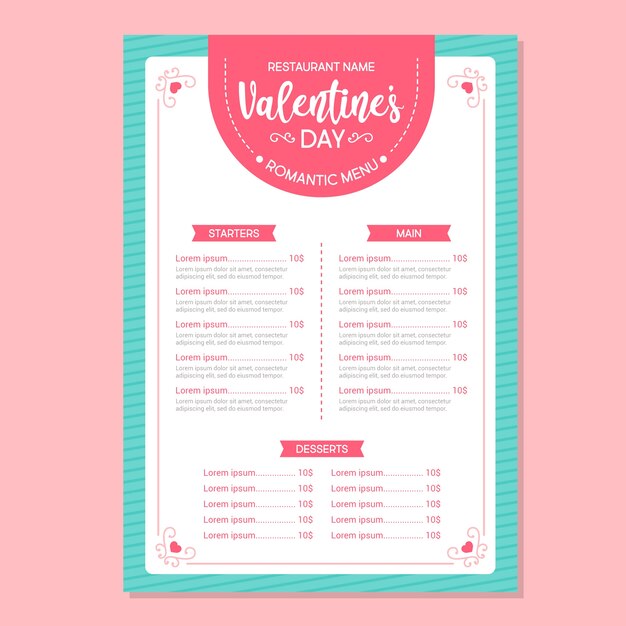 Plantilla de menú de San Valentín en diseño plano