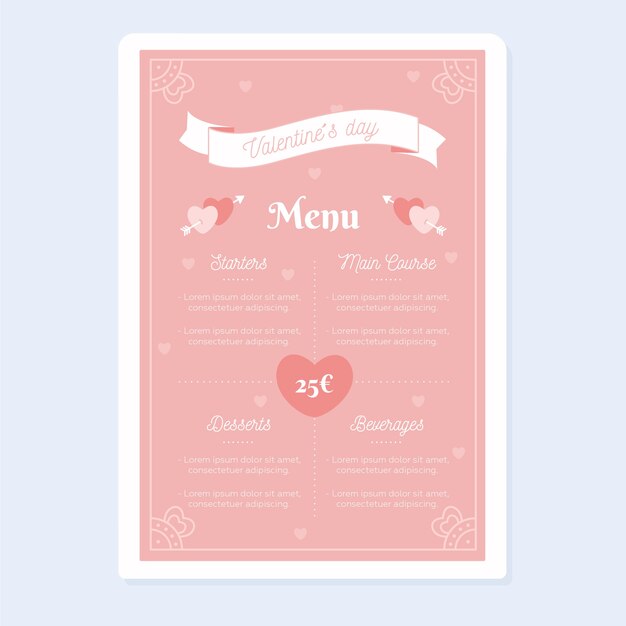 Plantilla de menú de San Valentín de diseño plano