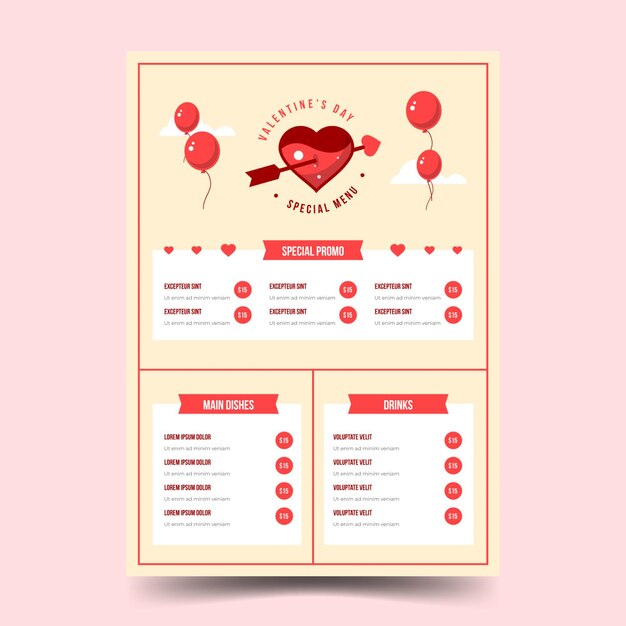 Plantilla de menú de san valentín en diseño plano