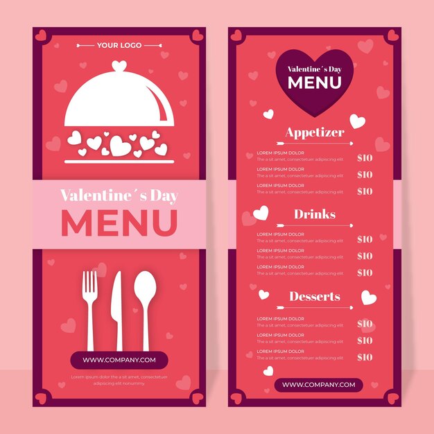 Plantilla de menú de san valentín en diseño plano