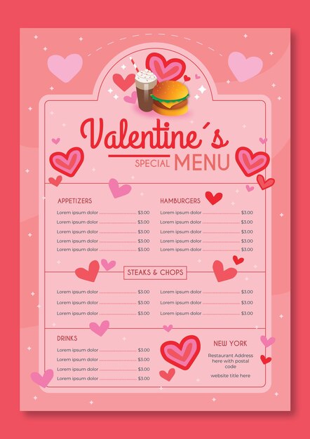 Plantilla de menú de san valentín en diseño plano