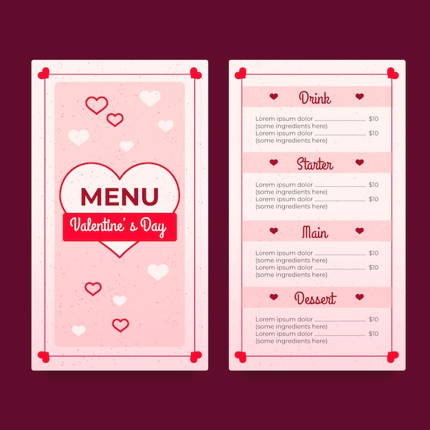 Plantilla de menú de San Valentín en estilo de diseño plano