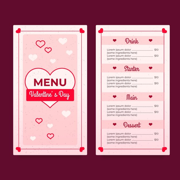 Plantilla de menú de San Valentín en estilo de diseño plano