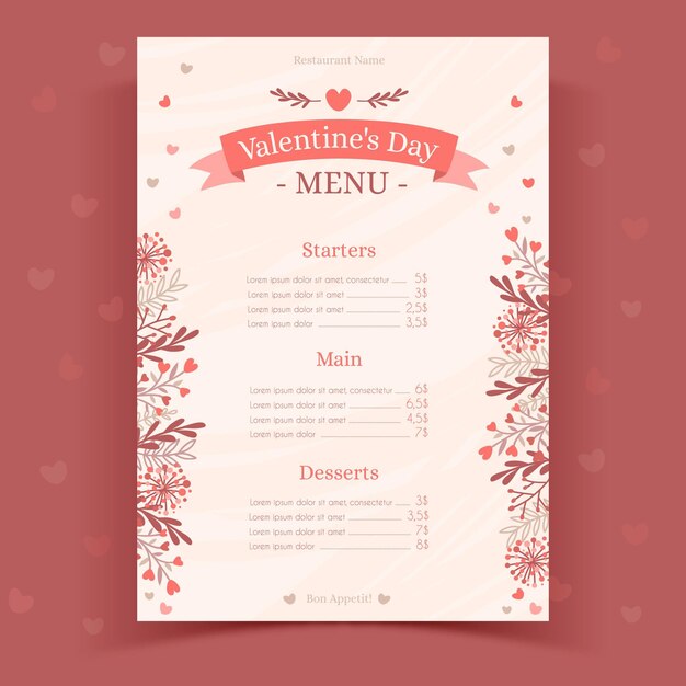 Plantilla de menú de san valentín plantas dibujadas a mano